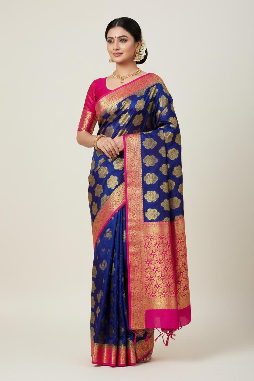 Crepe Saree Navy Blue Colour with Pink Border