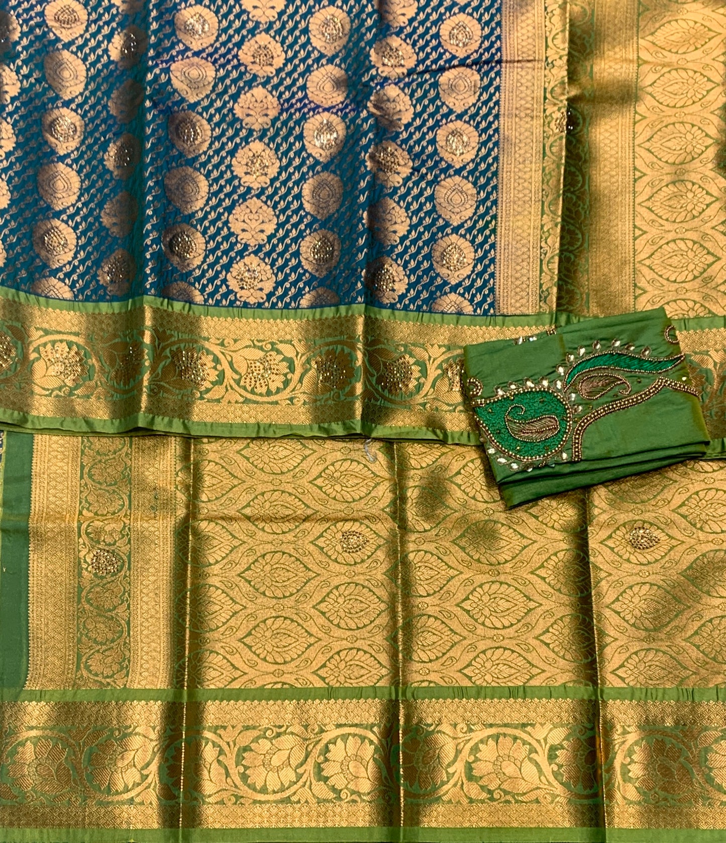 Bridal Vegan Silk Saree Rama Green shade with Light Green Border with Unstitched blouse in Aari Work
