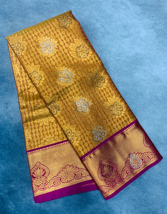 Vegan Silk Saree Mustard Colour with Copper and Pink Border
