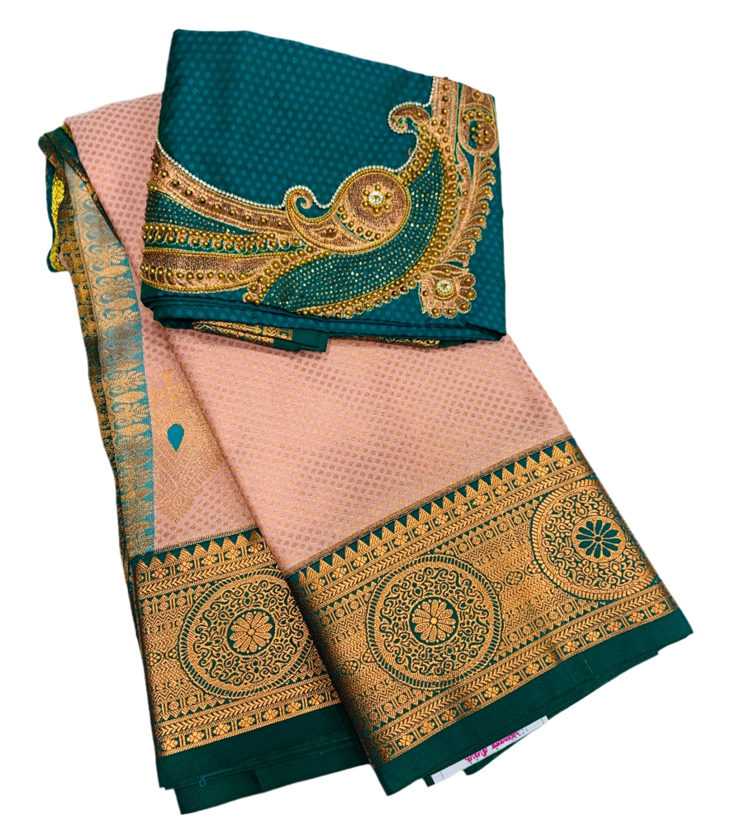 Bridal Vegan Silk Saree Sandal Colour with Sapphire Border with Unstitched blouse in Aari work