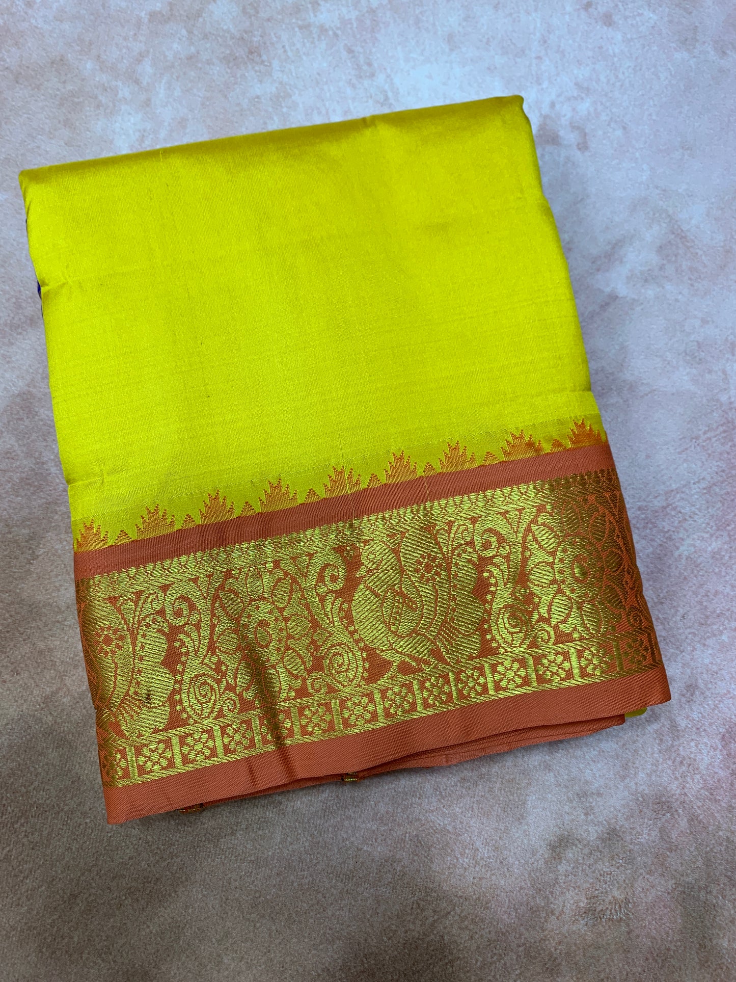 9X5 Pure Silk Dhoti Mustard Colour with Orange and Blue Ganga Jamuna Border