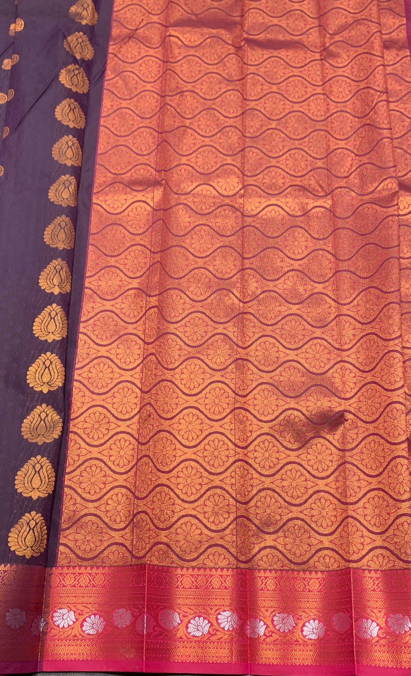 Vegan Silk Saree Dark Magenta Colour Saree with Copper Border