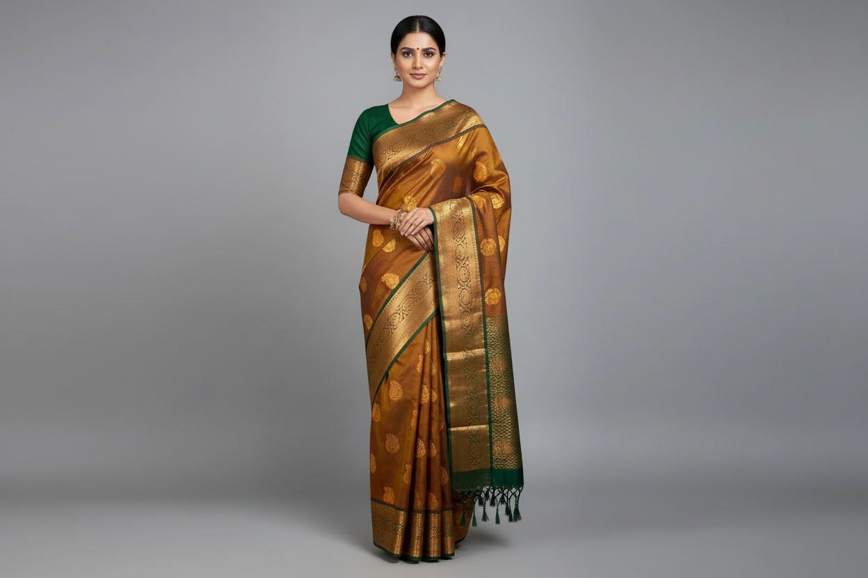 Soft Vegan Silk Saree Brown Colour with Green and Copper Border