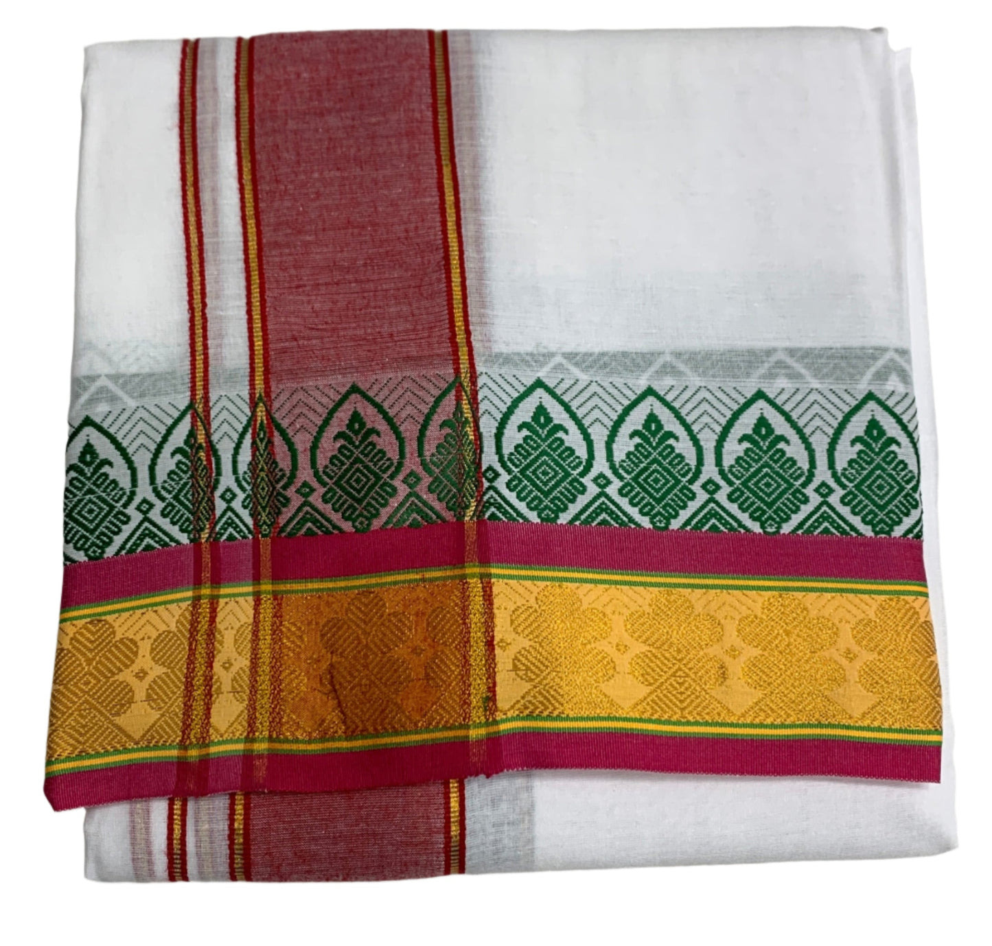 9X5 Cotton Dhoti White Yellow and Pink Border with Angavastram