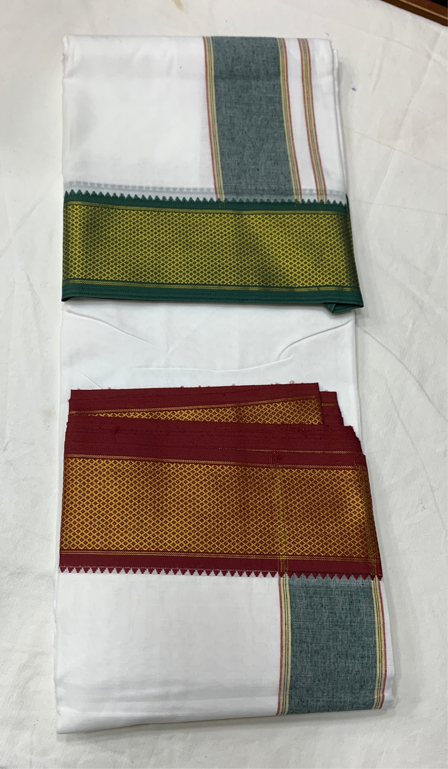 9X5 Cotton Dhoti White Big Green and Maroon Zari Border with Angavastram