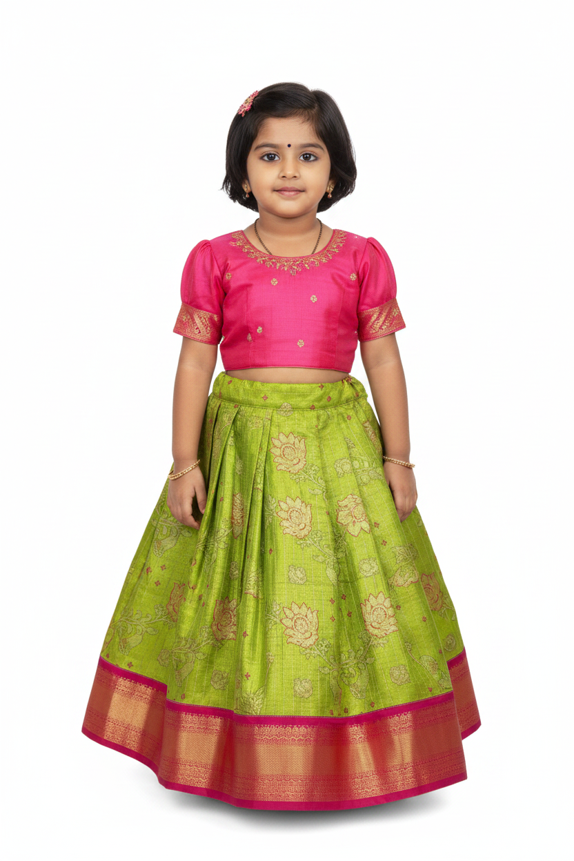 Parrot Green Shade Vegan Silk Kids Pattu Pavadai with Contrast border for age 2 to 5