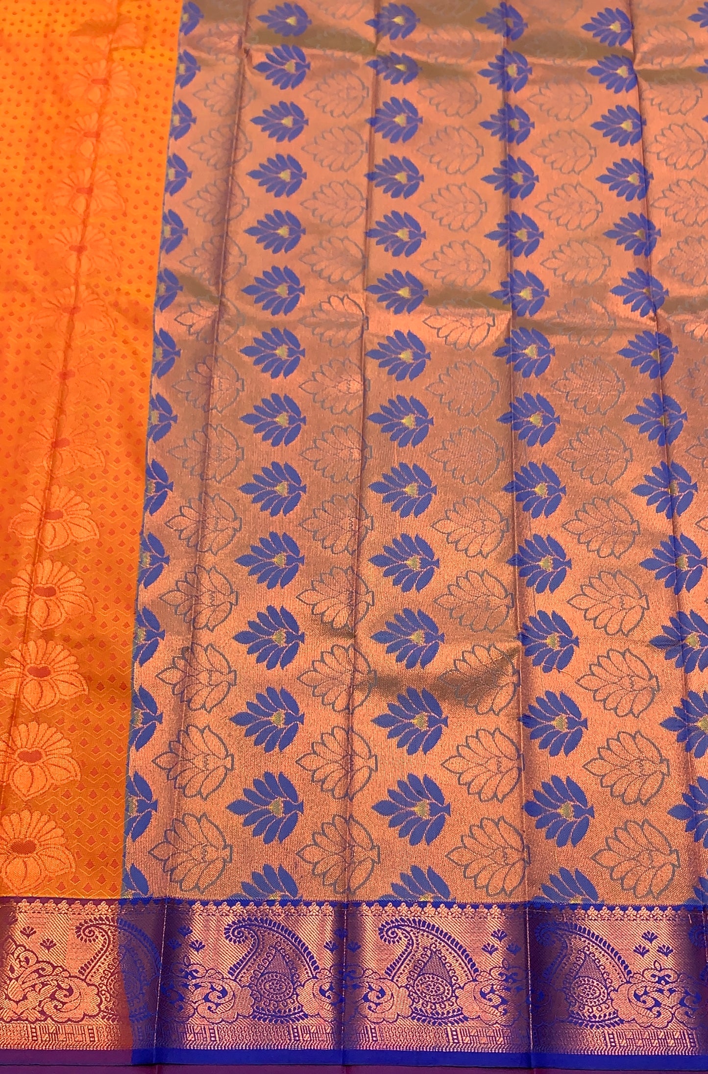 Vegan Silk Saree Light Orange Colour with Blue and Copper Border