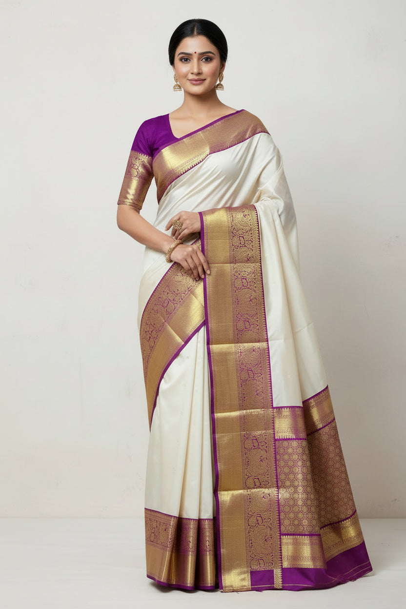 Pure Kanchipuram Silk Tussar Colour with Magenta and Golden Zari Border