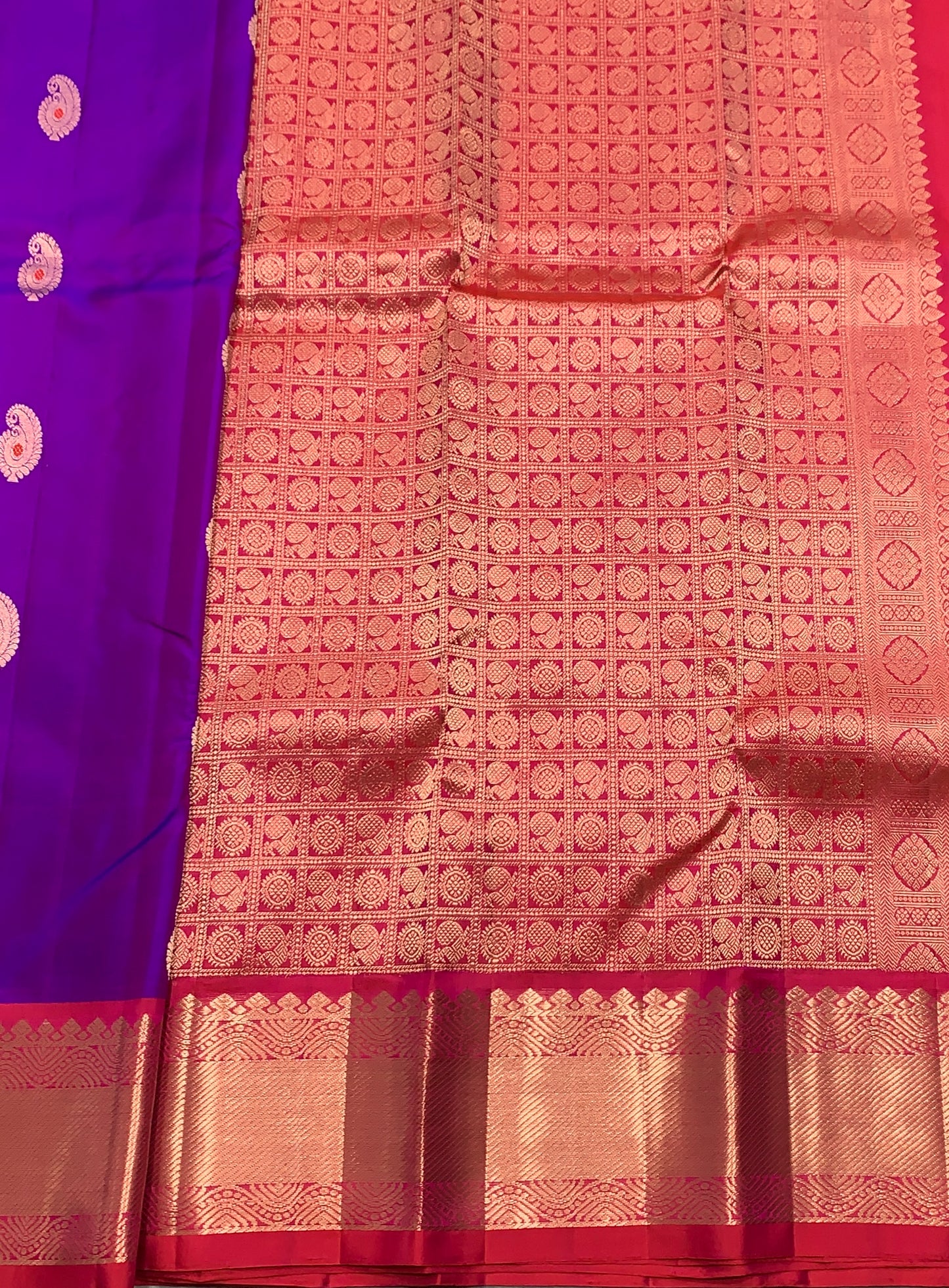 Pure Kanchipuram Silk Saree Purple Colour with Contrasting Pink Border and Gold Detailing