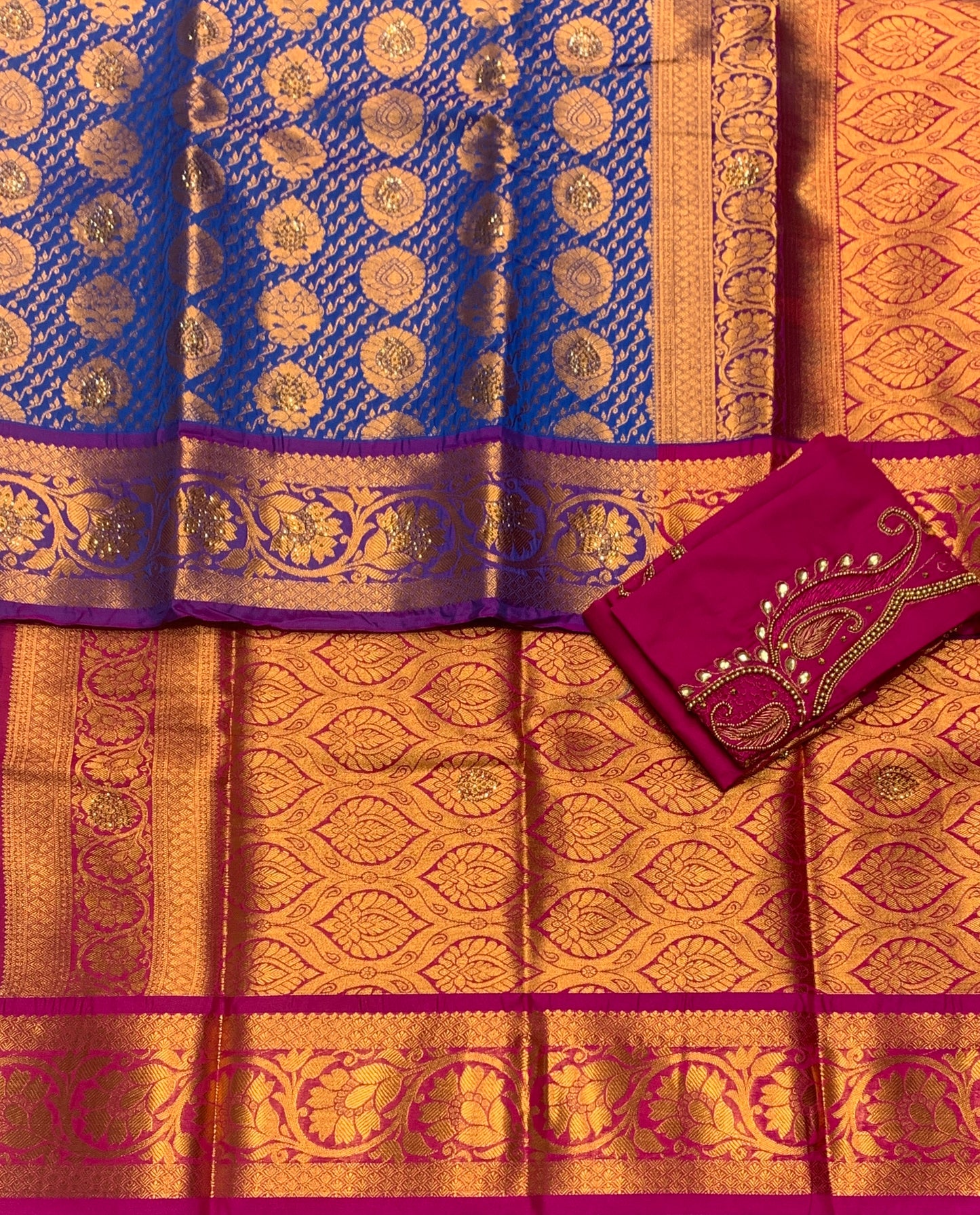 Bridal Vegan Silk Saree Blue shade with Purple Border with Unstitched blouse in Aari Work