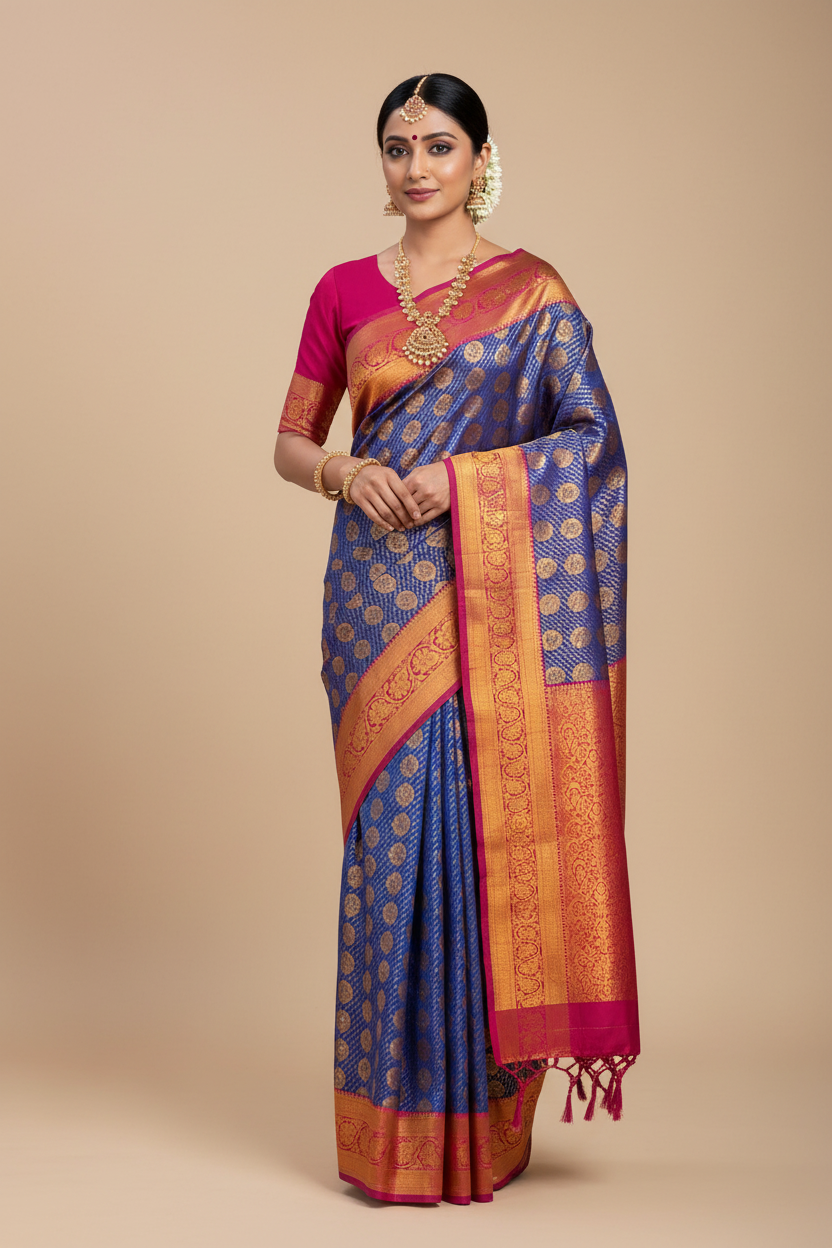 Bridal Vegan Silk Saree Blue shade with Purple Border with Unstitched blouse in Aari Work