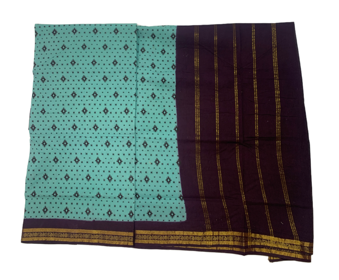9 yards Cotton Saree Mint Green Colour with Brown Border