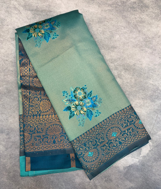 Fancy Tissue Saree Peacock Green Colour with Peacock Blue Border