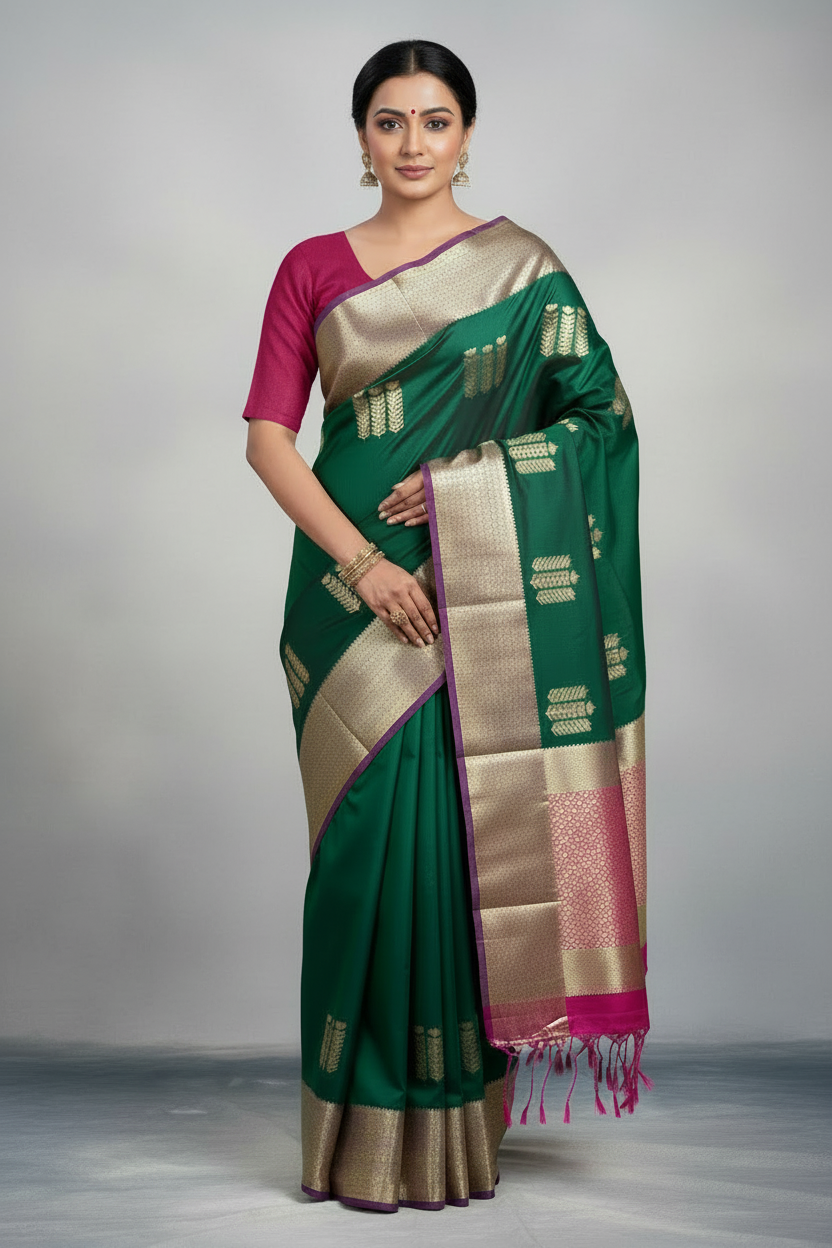Soft Vegan Silk Saree Green Colour with Magenta and Sliver Border