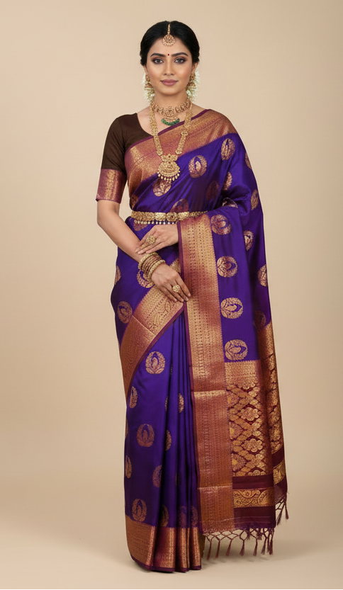 Soft Vegan Silk Saree Violet Colour with Brown and Copper Border