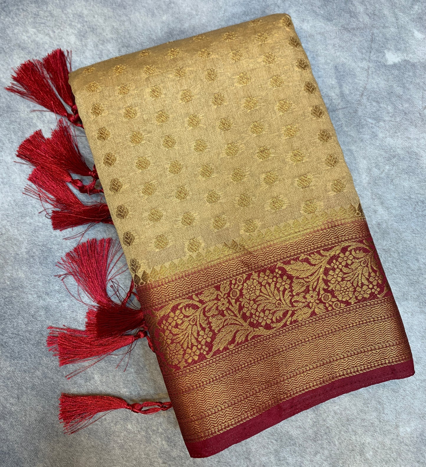 Crepe Saree Sandal Colour with Maroon Border
