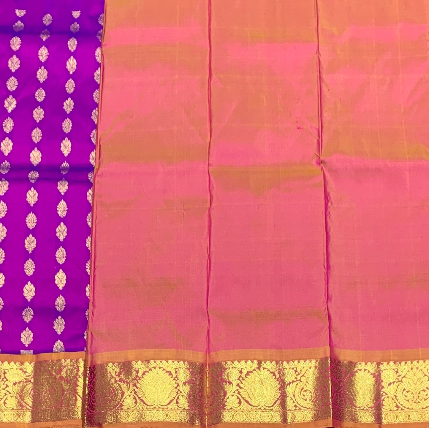 Magenta Shade Pure Kanchipuram Kids Pattu Pavadai with Contrast Border for Newborn to 2 Years