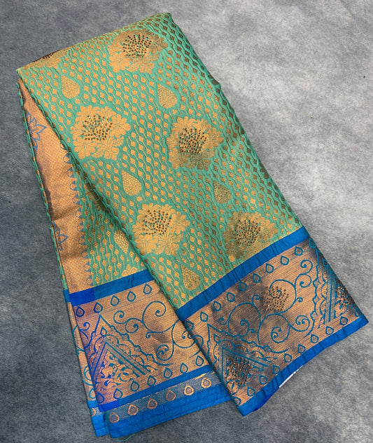 Vegan Silk Saree Sapphire Colour with Copper and Blue Border