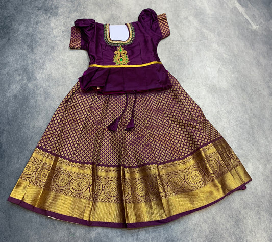 Ready To Wear Dark Magenta Colour Pavadai with Contrast Dark Purple Colour Blouse