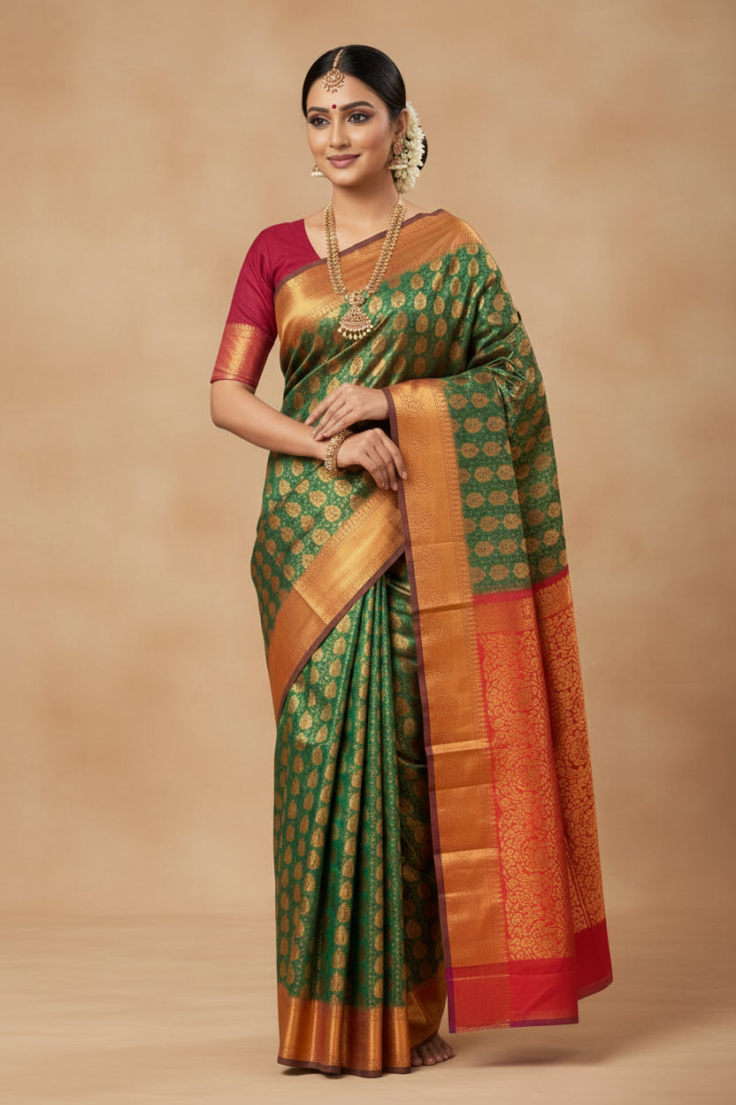 Vegan Silk Saree Green Colour with Magenta and Copper Border