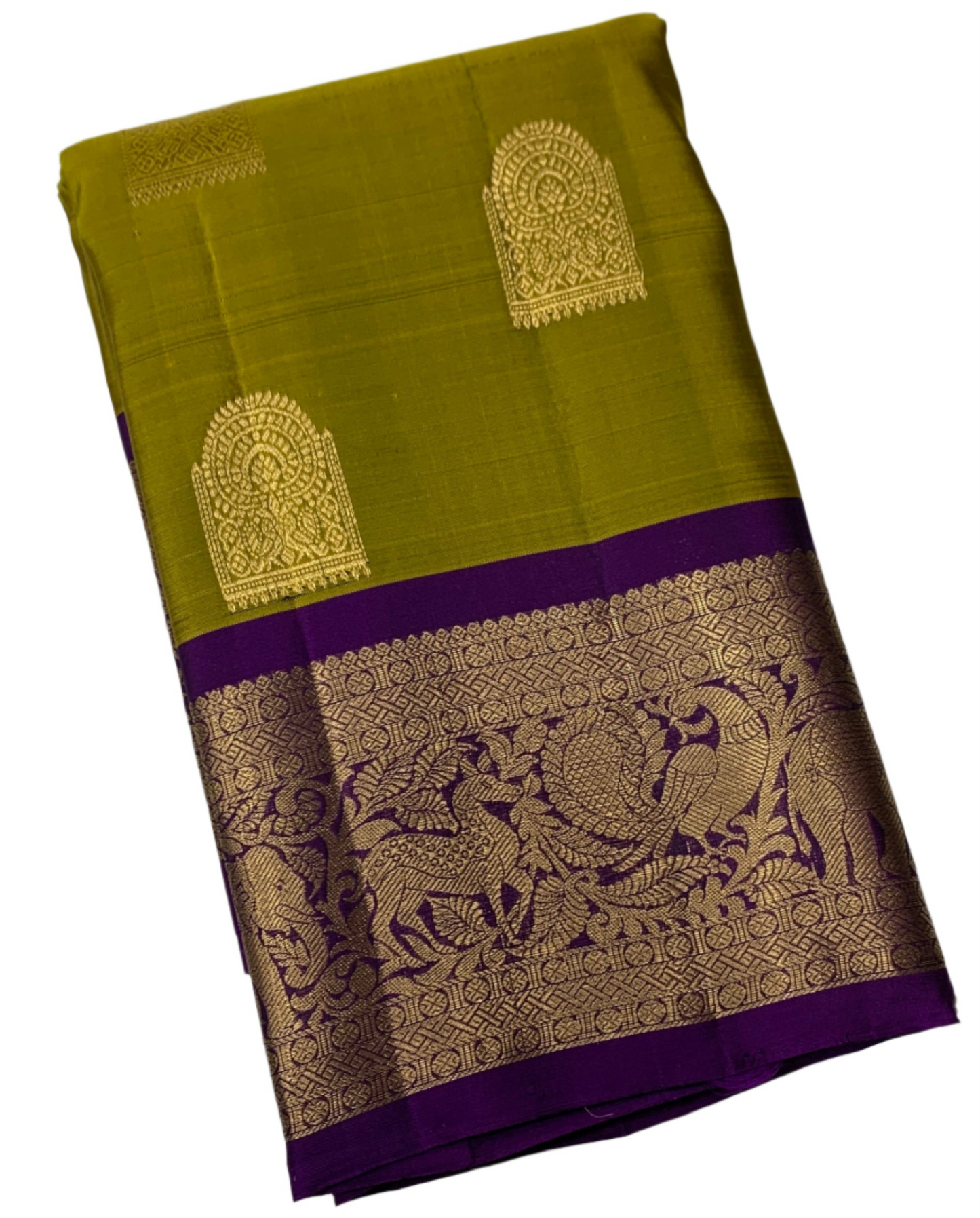 Pure Kanchipuram Silk Olive Green Colour with Magenta Border