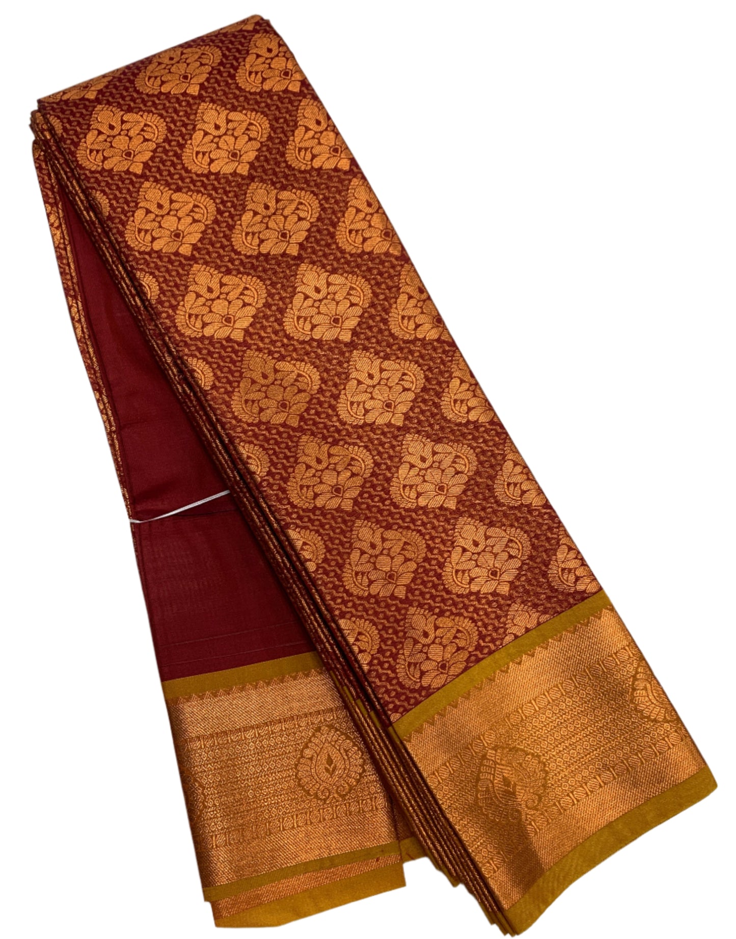 Vegan Silk Saree Maroon Colour with Copper and Golden Yellow Colour Border