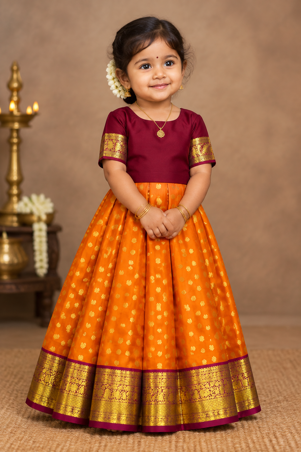 Rust Orange Shade Pure Kanchipuram Kids Pattu Pavadai with Contrast Border for age 5 to 10