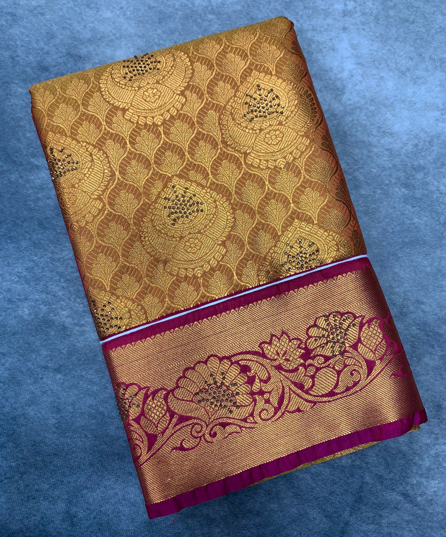 Vegan Silk Saree Golden Yellow Colour with Copper and Pink Border