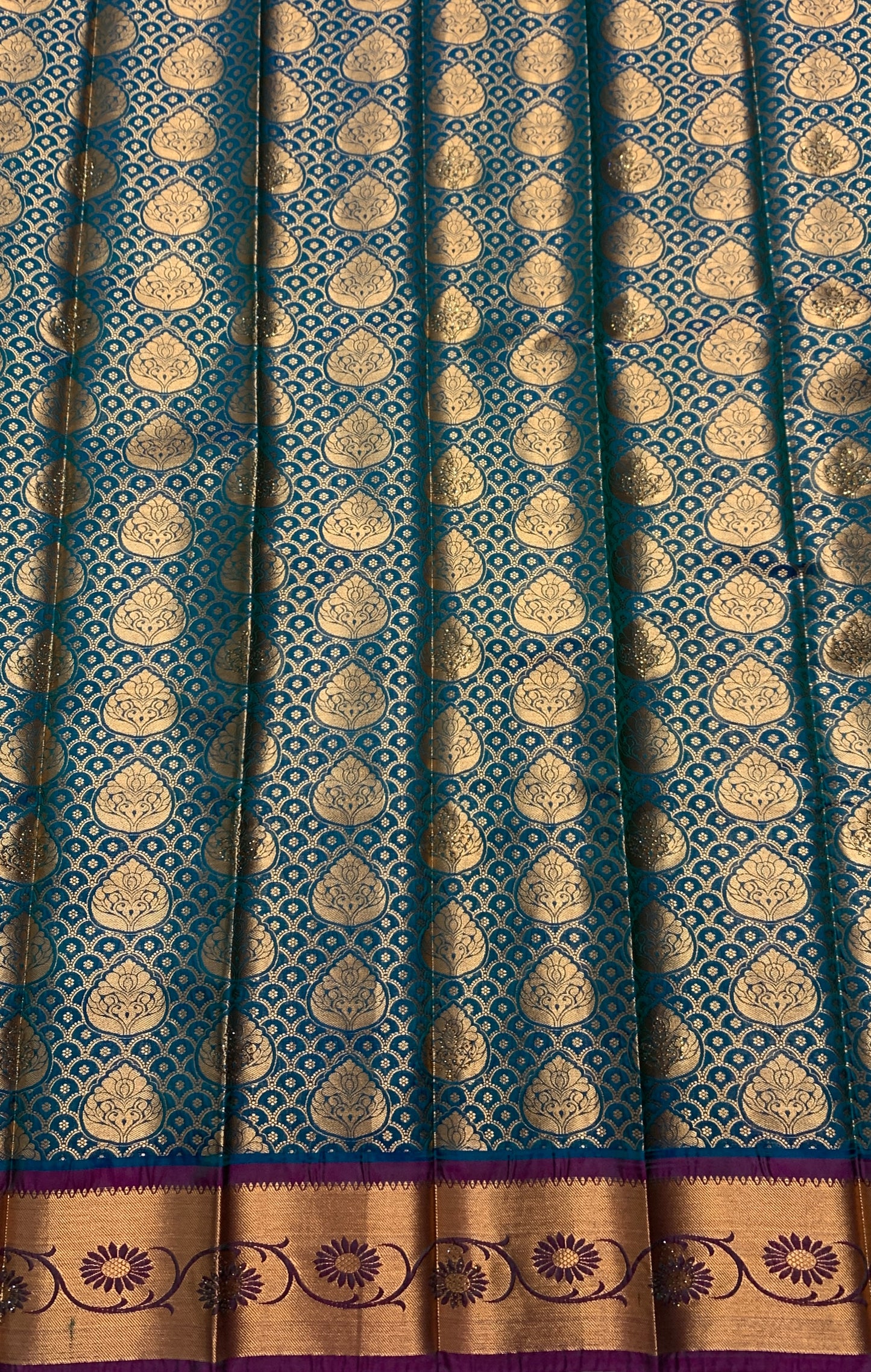 Vegan Silk Saree Peacock Blue Colour with Copper and Magenta Border