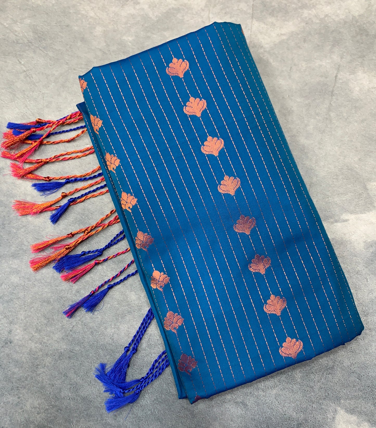 Soft Vegan Silk Saree Sky Blue Colour with Pink and Copper Border