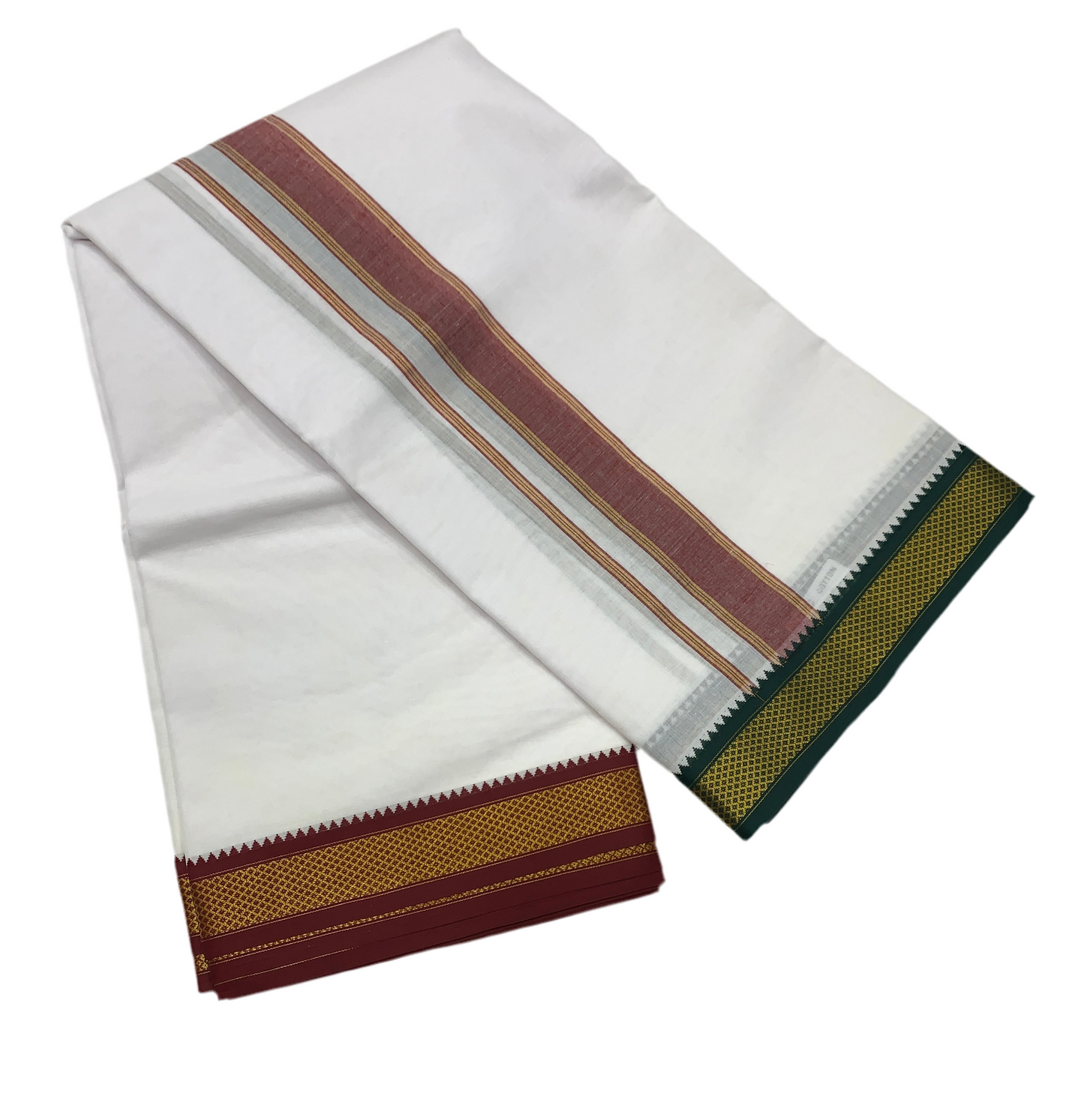 9X5 Cotton Dhoti White Big Green and Maroon Zari Border with Angavastram