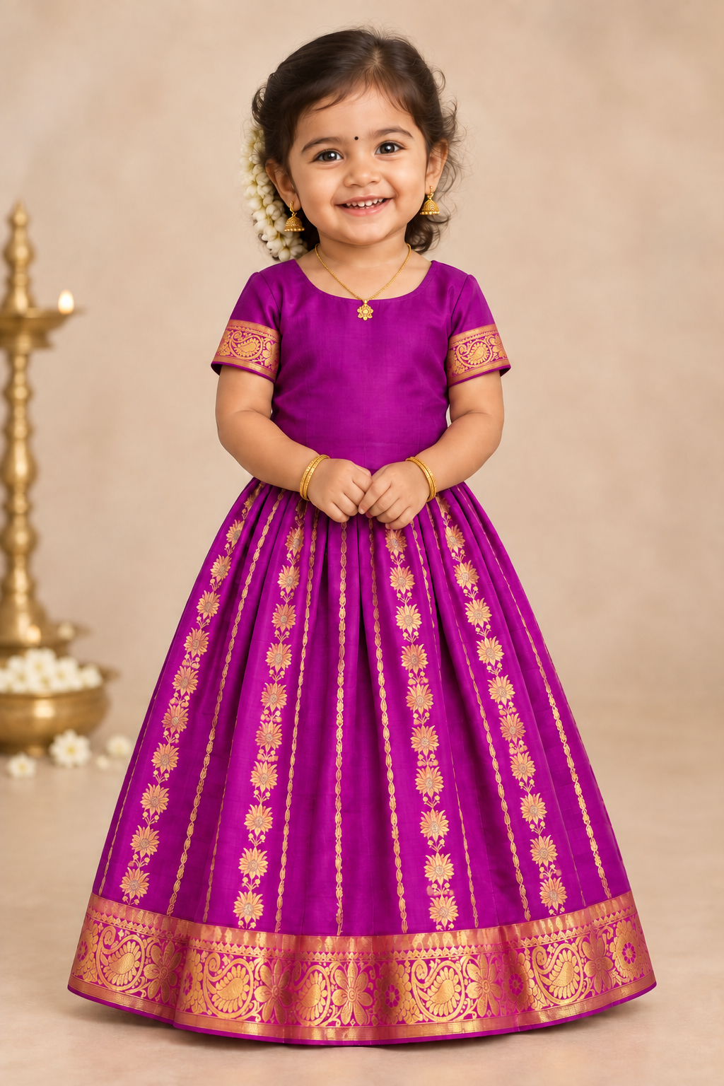 Magenta Shade Semi Silk Kids Pattu Pavadai with Contrast border for Age 2 to 5 Years