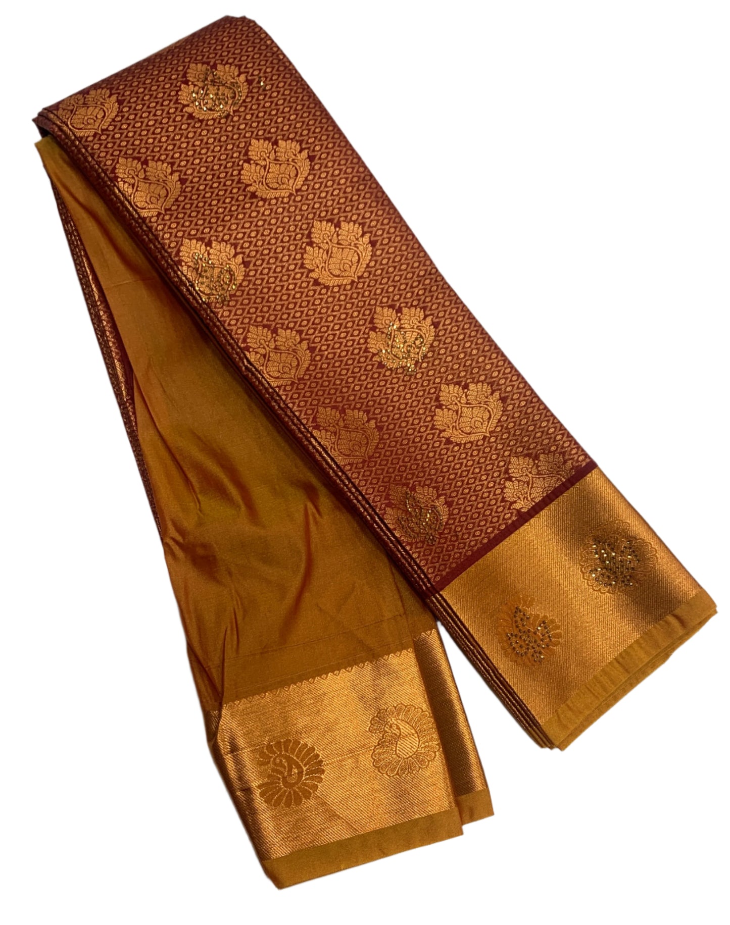 Vegan Silk Saree Maroon Colour with Golden and Golden Yellow Border