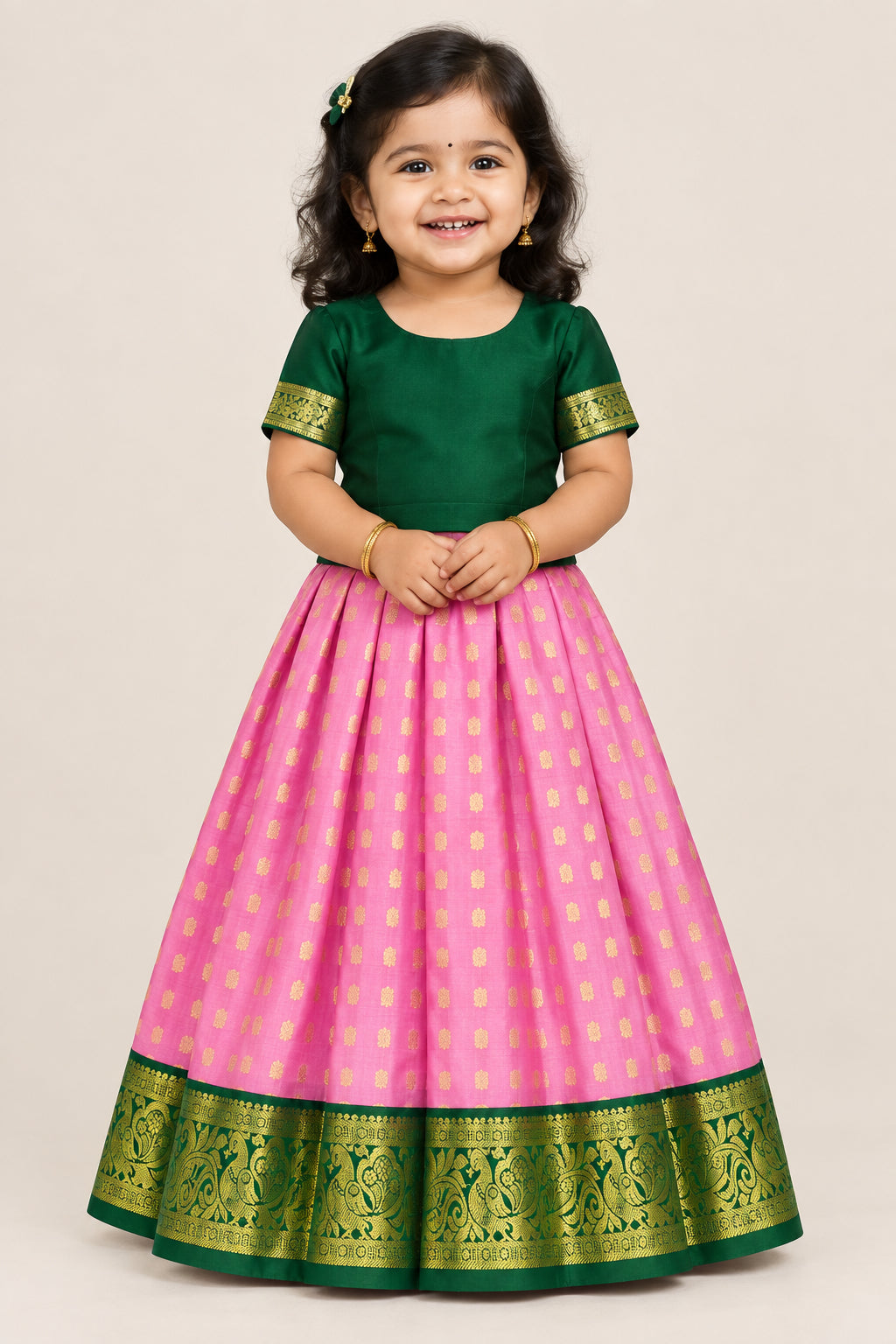 Rose Pink Shade Pure Kanchipuram Kids Pattu Pavadai with Contrast Border for Newborn to 2 Years