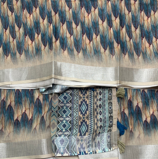 Jute Cotton Saree Brown and Blue Shade with Thread Border