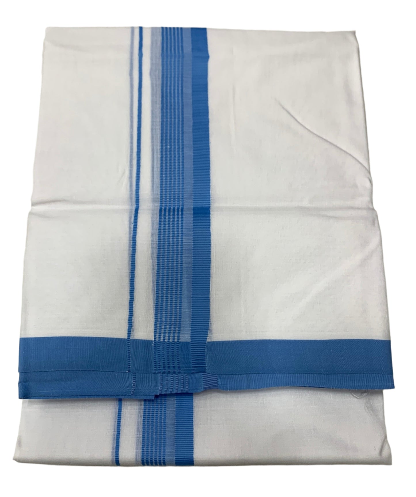 8 Mulam White Cotton Dhoti with Large Sky Blue Border