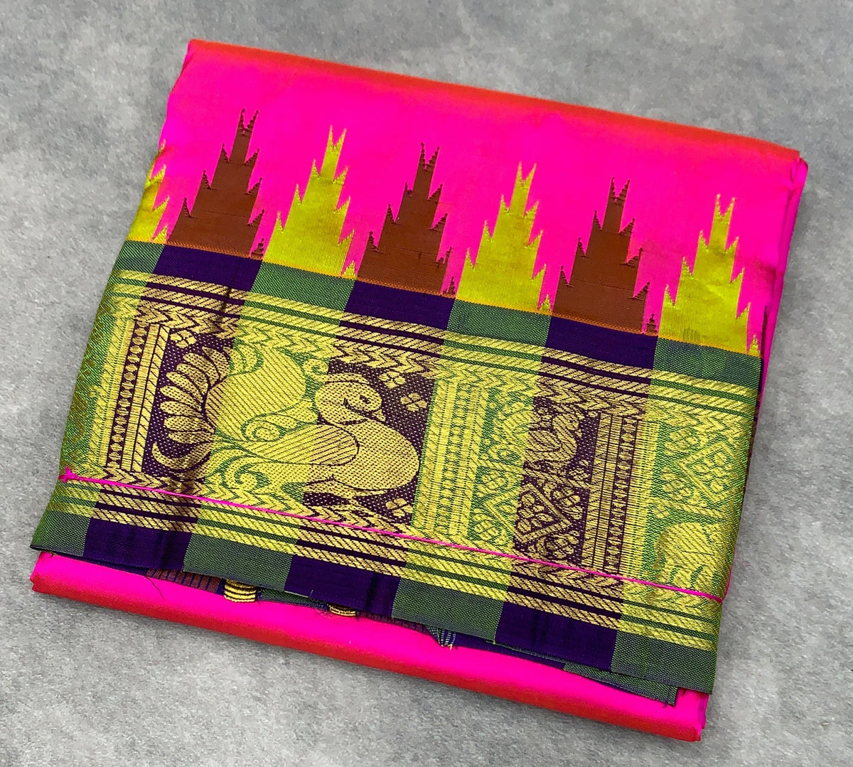 6 Mulam Silk Pooja Towel Rani Pink Colour with Ganga Jamuna Korvai Border