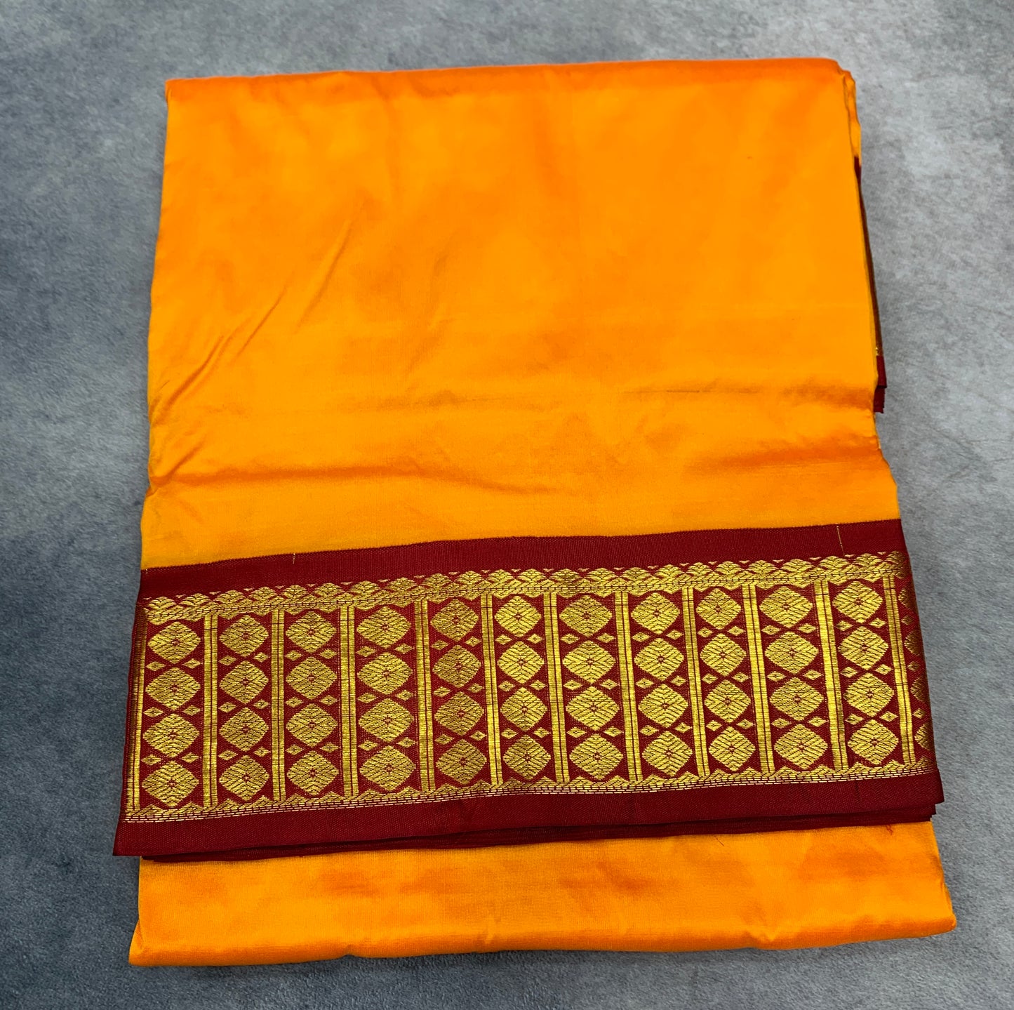 9 yards Pure Kanchipuram Silk Saree Mango Yellow Colour with Maroon and Golden Zari Border