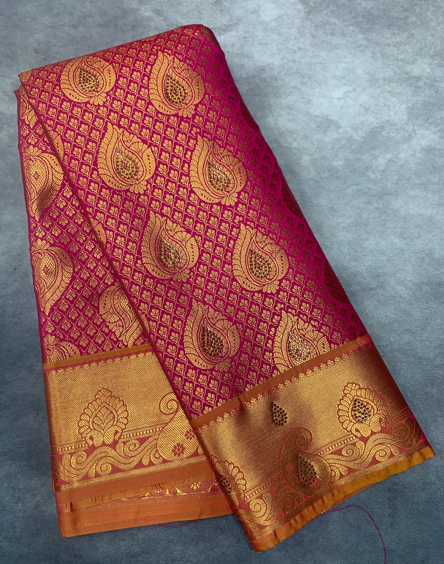 Vegan Silk Saree Pink Colour with Copper and Golden Yellow Border