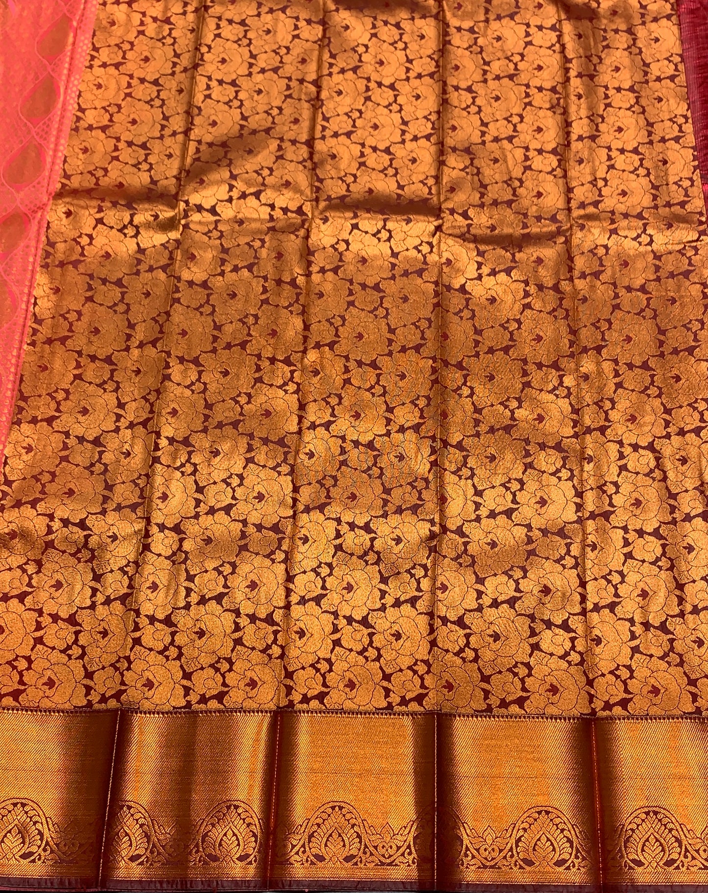 Vegan Silk Saree Peach Pink Colour with Copper Floral Design Border