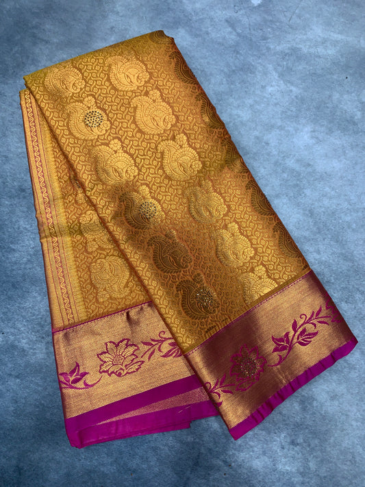 Vegan Silk Saree Golden Yellow Colour with Copper and Pink Border