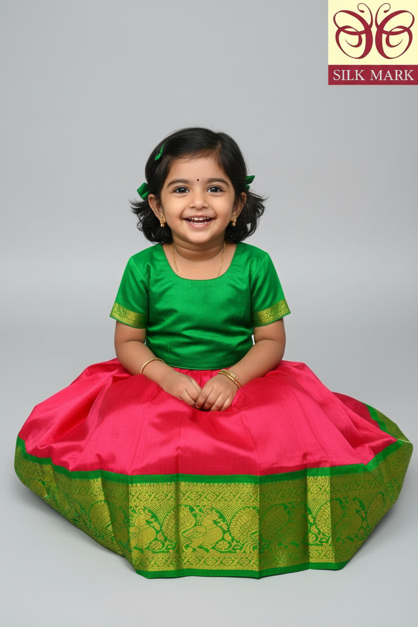 Tomato Pink Shade Pure Kanchipuram Kids Pattu Pavadai with Contrast Border for Newborn to 2 Years