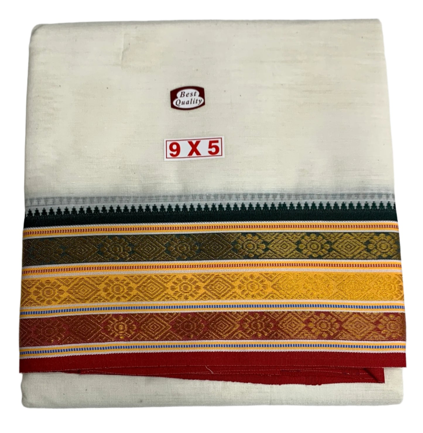 9X5 Cotton Unbleached Dhoti Green,Yellow and Maroon Border with Angavastram