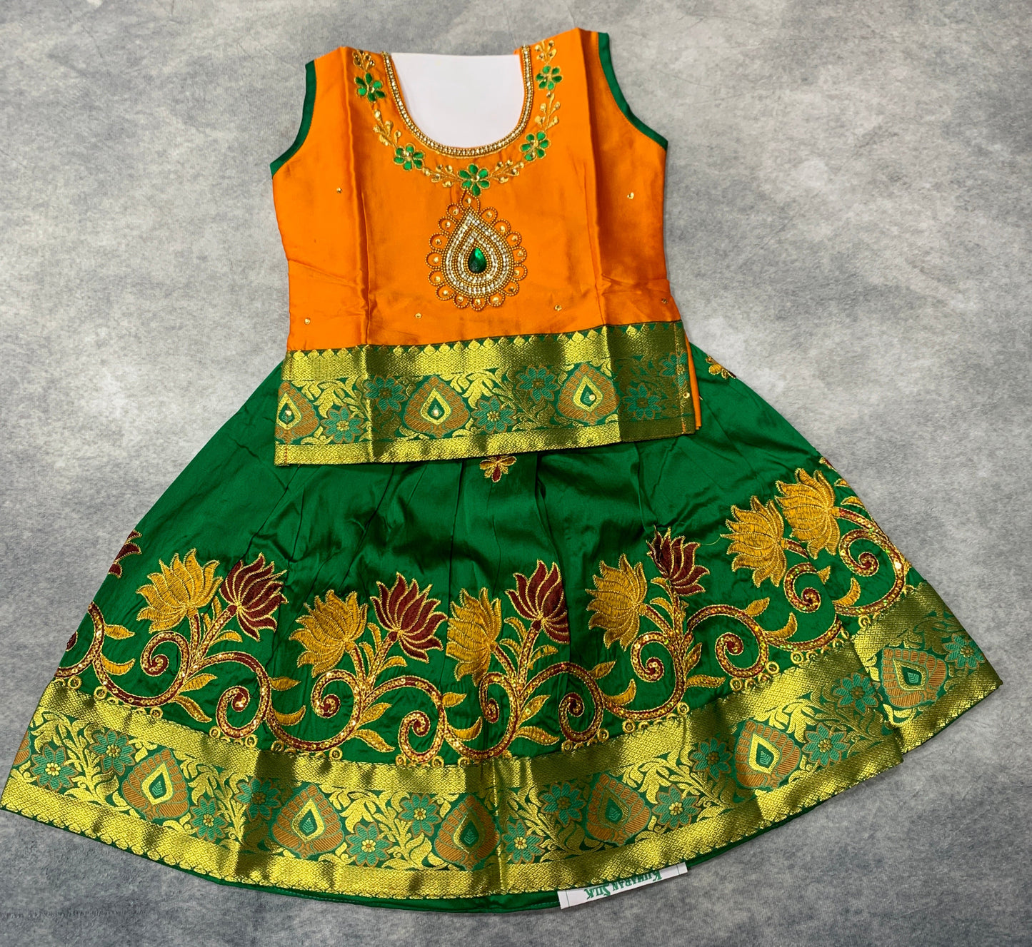 Ready To Wear Green Pavadai with Contrast  Mango Yellow Blouse