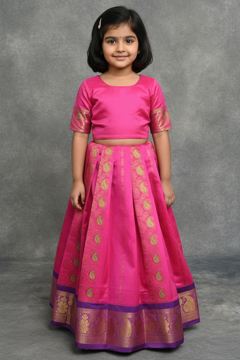 Baby Pink shade Semi Silk Kids Pattu Pavadai with Contrast border for age above 10 years