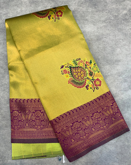 Fancy Tissue Saree Lime Green Colour with Magenta Border