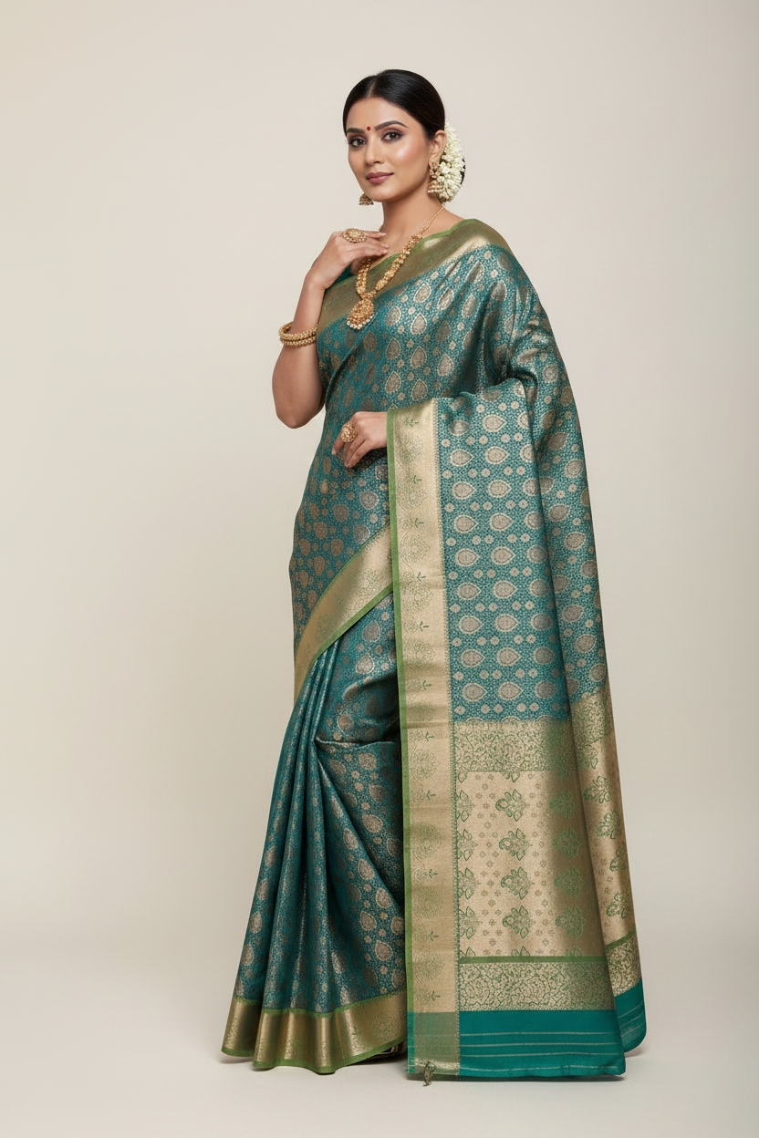 Vegan Silk Saree Light Green Colour with Copper and Olive Green Border