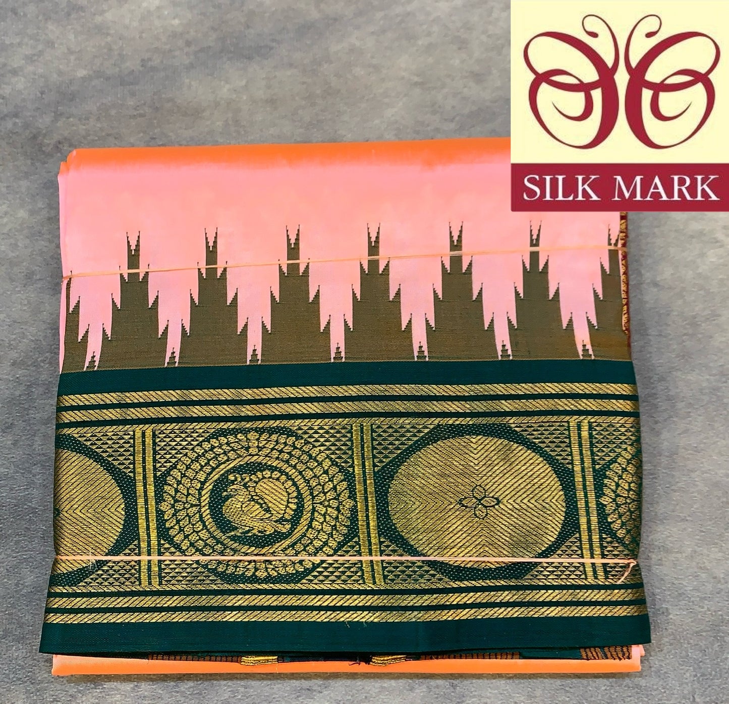 6 Mulam Silk Pooja Towel Peach Colour with Ganga Jamuna Korvai Border( Pre Order Available)
