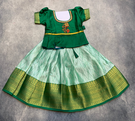 Ready To Wear Pastel Green Colour Pavadai with Contrast Green Colour Blouse