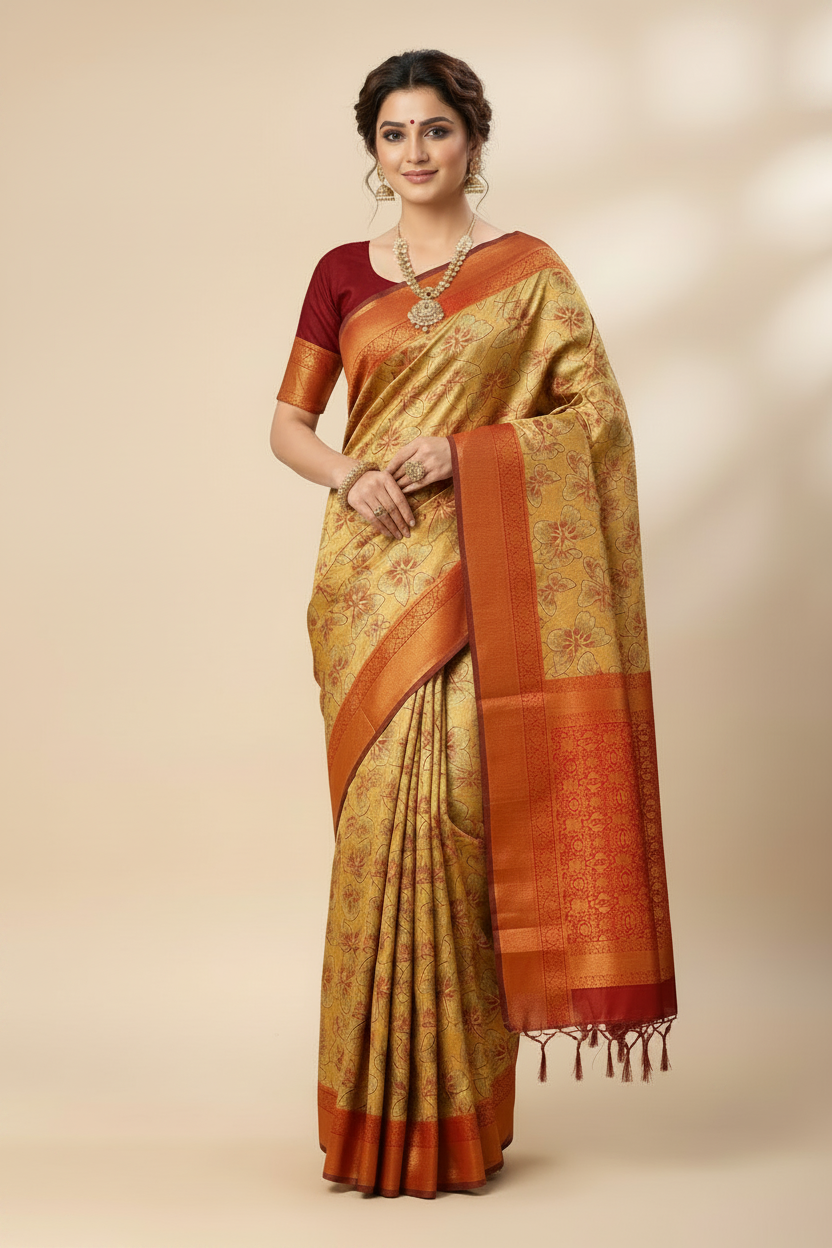 Art Silk Saree Sandal Colour with Butterfly Design